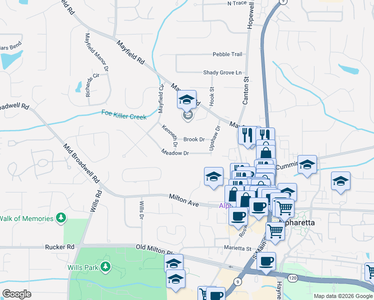 map of restaurants, bars, coffee shops, grocery stores, and more near 229 Meadow Drive in Alpharetta