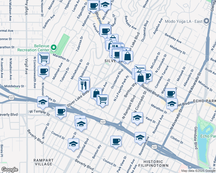 map of restaurants, bars, coffee shops, grocery stores, and more near 738 Parkman Avenue in Los Angeles