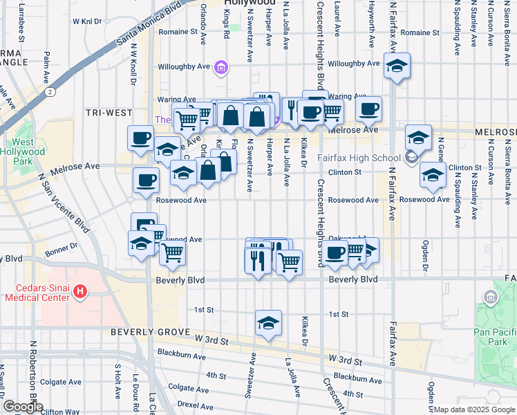 map of restaurants, bars, coffee shops, grocery stores, and more near 454 North Sweetzer Avenue in Los Angeles