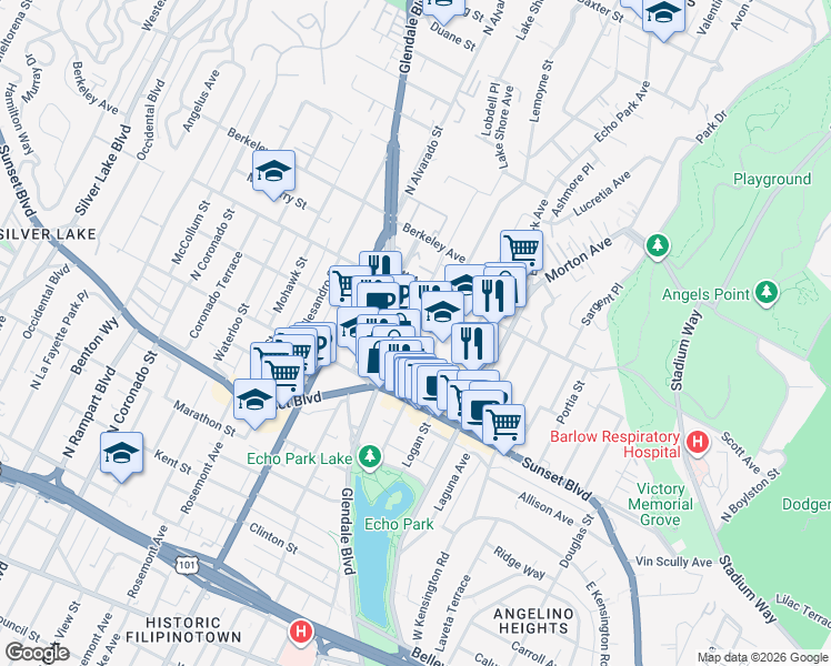 map of restaurants, bars, coffee shops, grocery stores, and more near 1414 Lake Shore Avenue in Los Angeles