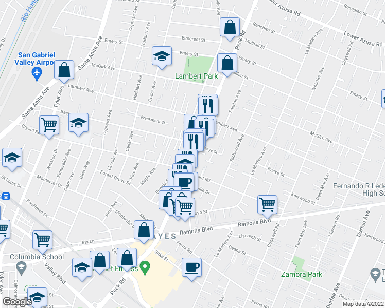 map of restaurants, bars, coffee shops, grocery stores, and more near 4145 Peck Road in El Monte
