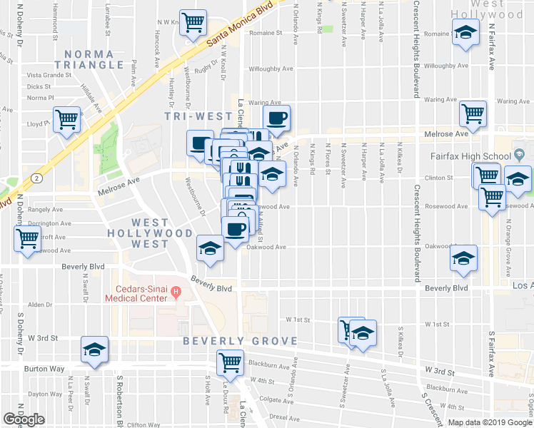 map of restaurants, bars, coffee shops, grocery stores, and more near 458 North Alfred Street in West Hollywood