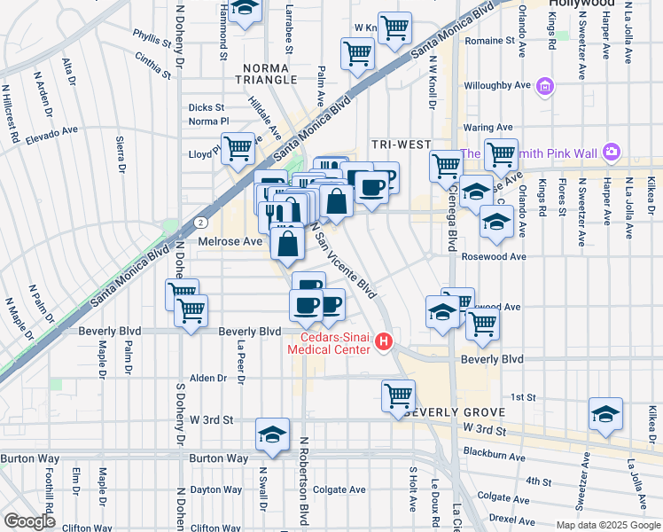 map of restaurants, bars, coffee shops, grocery stores, and more near 8717 Dorrington Avenue in West Hollywood