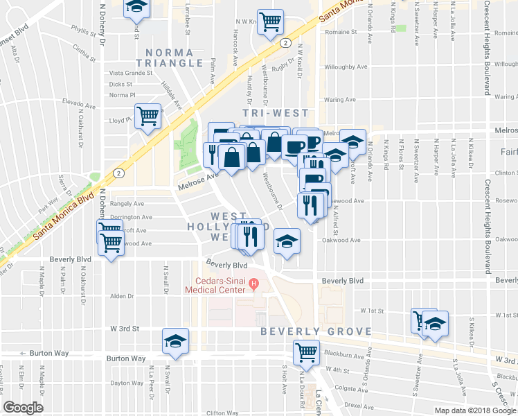 map of restaurants, bars, coffee shops, grocery stores, and more near 419 Huntley Drive in West Hollywood