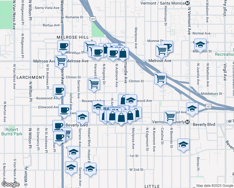 map of restaurants, bars, coffee shops, grocery stores, and more near 4460 West Maplewood Avenue in Los Angeles