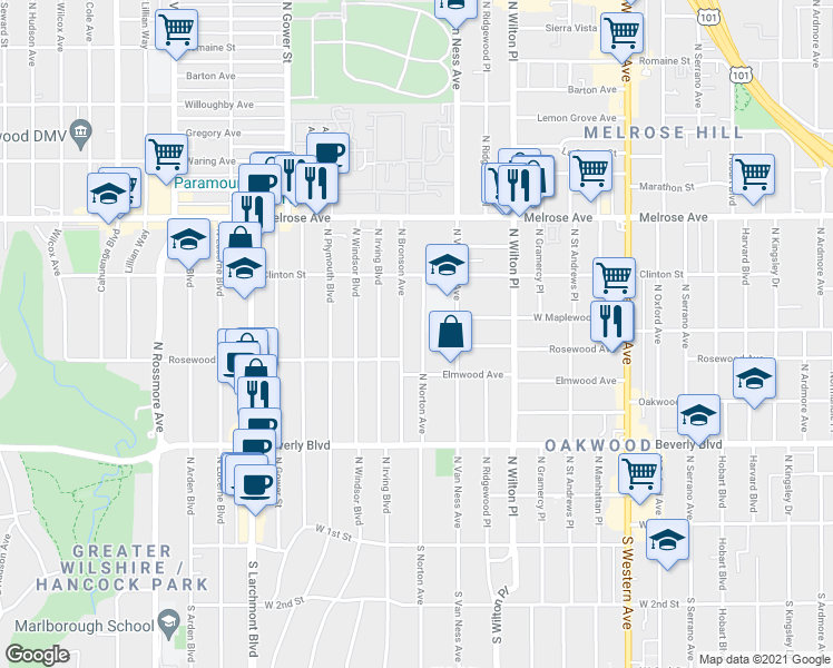 map of restaurants, bars, coffee shops, grocery stores, and more near 441 North Norton Avenue in Los Angeles