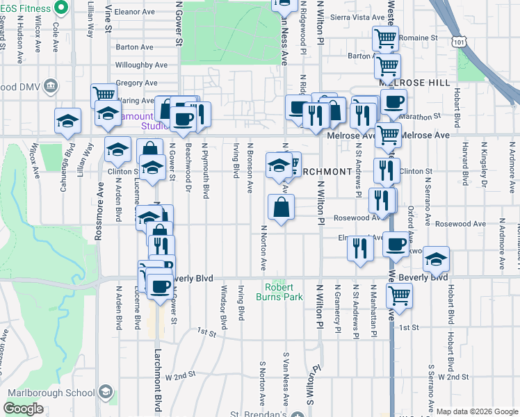 map of restaurants, bars, coffee shops, grocery stores, and more near 441 North Norton Avenue in Los Angeles