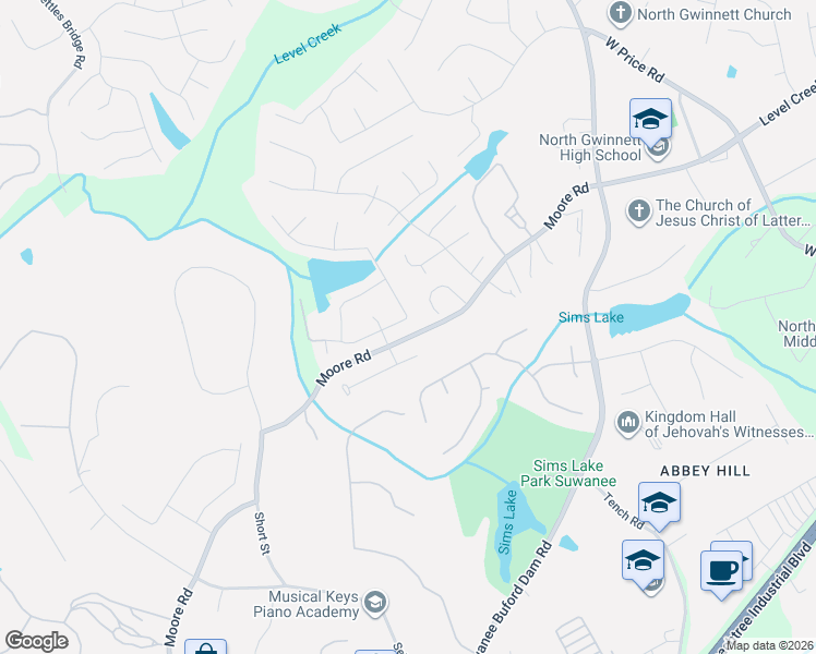 map of restaurants, bars, coffee shops, grocery stores, and more near 4820 Winding Rose Drive in Suwanee