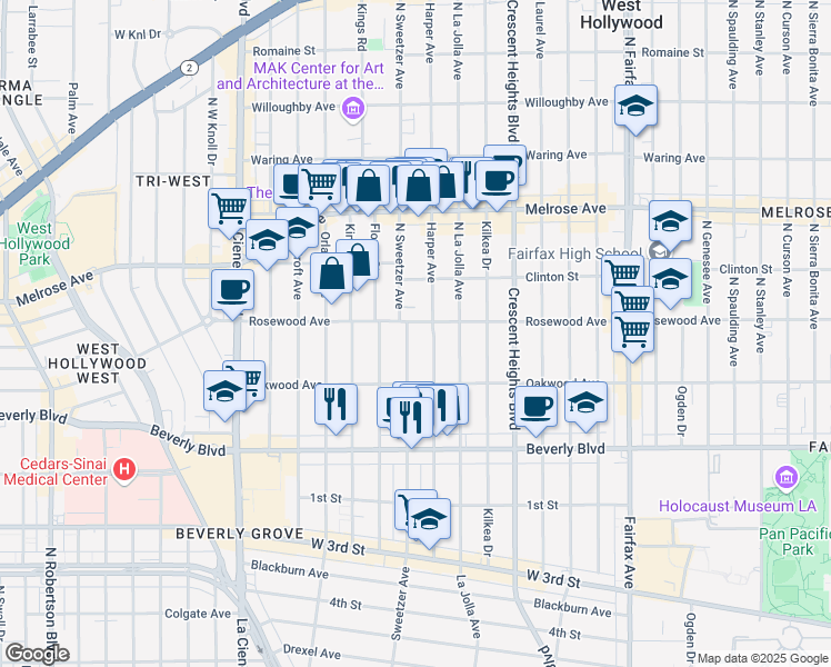 map of restaurants, bars, coffee shops, grocery stores, and more near 454 North Sweetzer Avenue in Los Angeles
