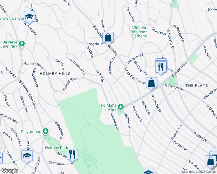 map of restaurants, bars, coffee shops, grocery stores, and more near 927 Whittier Drive in Beverly Hills