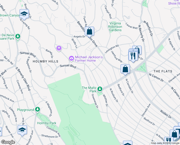 map of restaurants, bars, coffee shops, grocery stores, and more near 927 Whittier Drive in Beverly Hills