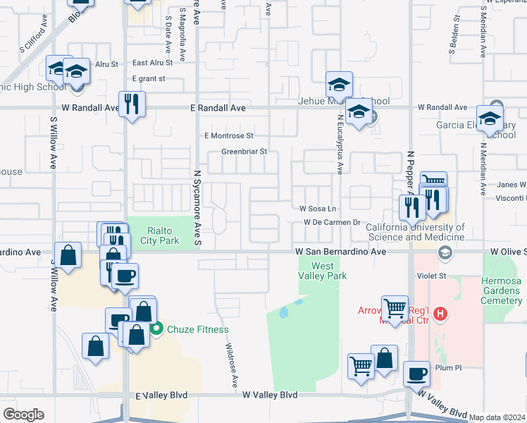 map of restaurants, bars, coffee shops, grocery stores, and more near 2001 Fig Tree Road in Colton