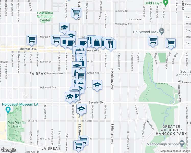 map of restaurants, bars, coffee shops, grocery stores, and more near 450 North Orange Drive in Los Angeles