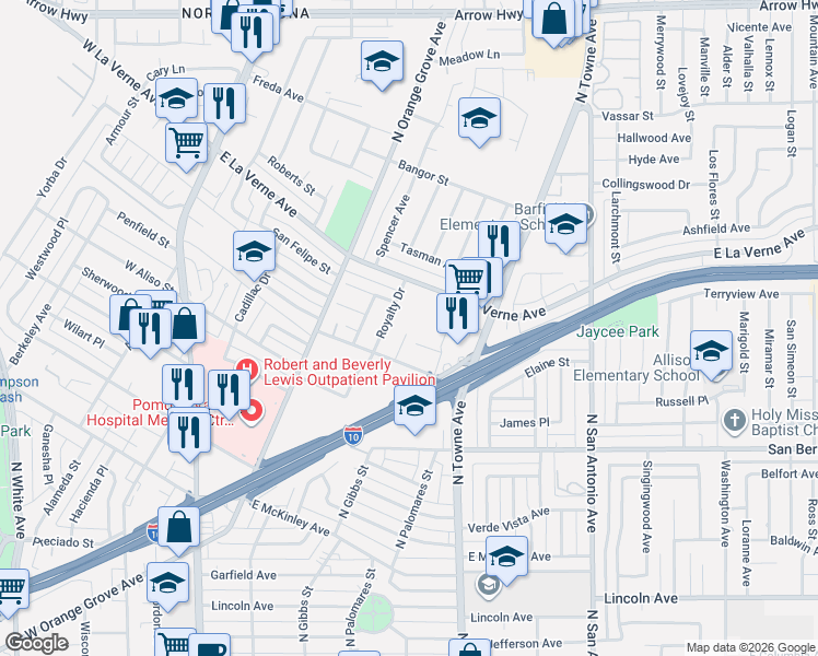 map of restaurants, bars, coffee shops, grocery stores, and more near 2087 Via Lido Place in Pomona