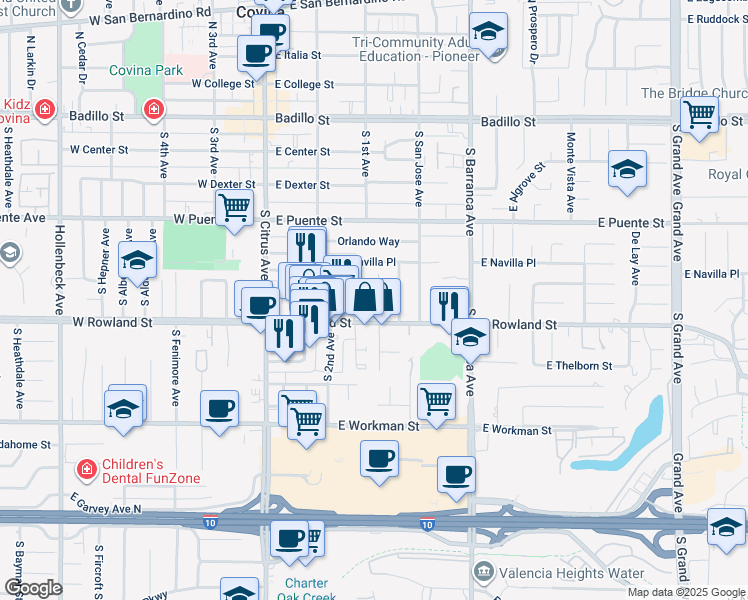 map of restaurants, bars, coffee shops, grocery stores, and more near 526 South 1st Avenue in Covina
