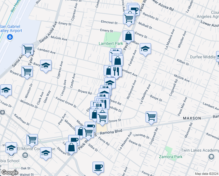 map of restaurants, bars, coffee shops, grocery stores, and more near 4145 Peck Road in El Monte