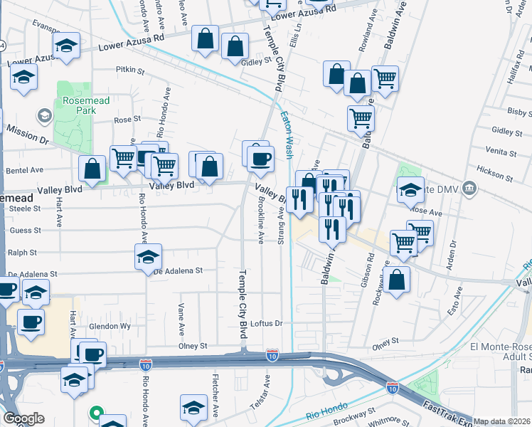 map of restaurants, bars, coffee shops, grocery stores, and more near 3857 Brookline Avenue in Rosemead