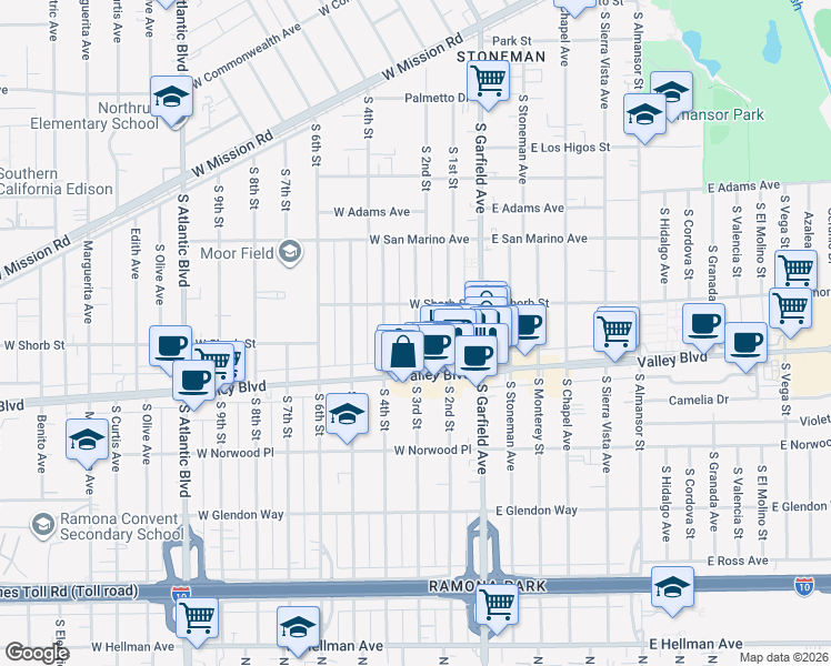 map of restaurants, bars, coffee shops, grocery stores, and more near 1220 South 3rd Street in Alhambra