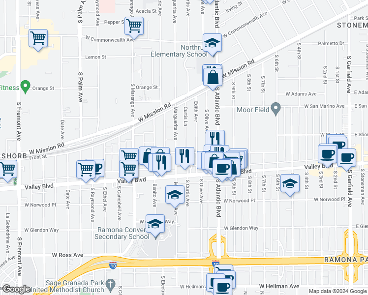 map of restaurants, bars, coffee shops, grocery stores, and more near 1029 Edith Avenue in Alhambra