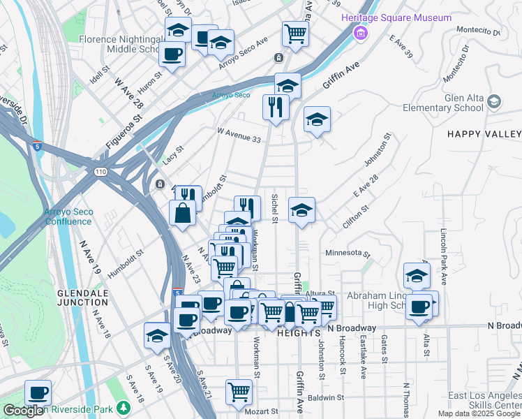 map of restaurants, bars, coffee shops, grocery stores, and more near 2825 Sichel Street in Los Angeles