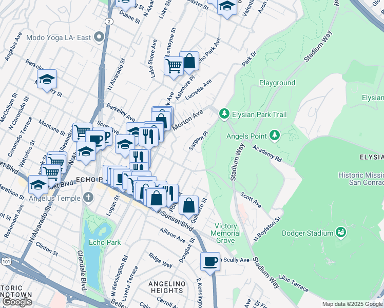 map of restaurants, bars, coffee shops, grocery stores, and more near 1536 Sargent Place in Los Angeles