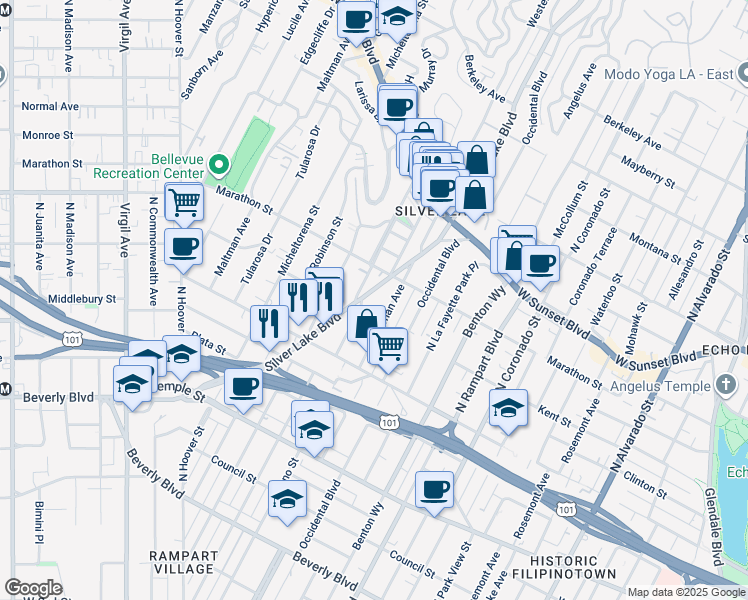 map of restaurants, bars, coffee shops, grocery stores, and more near 723 Silver Lake Boulevard in Los Angeles