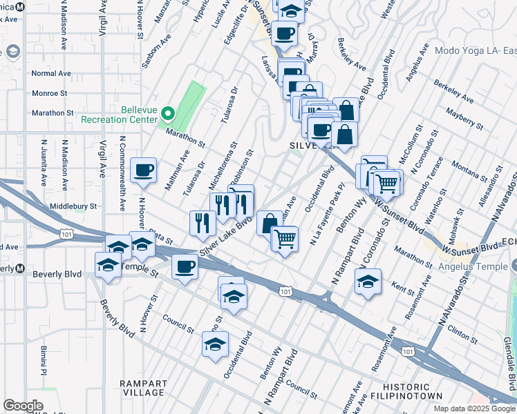 map of restaurants, bars, coffee shops, grocery stores, and more near 723 Silver Lake Boulevard in Los Angeles