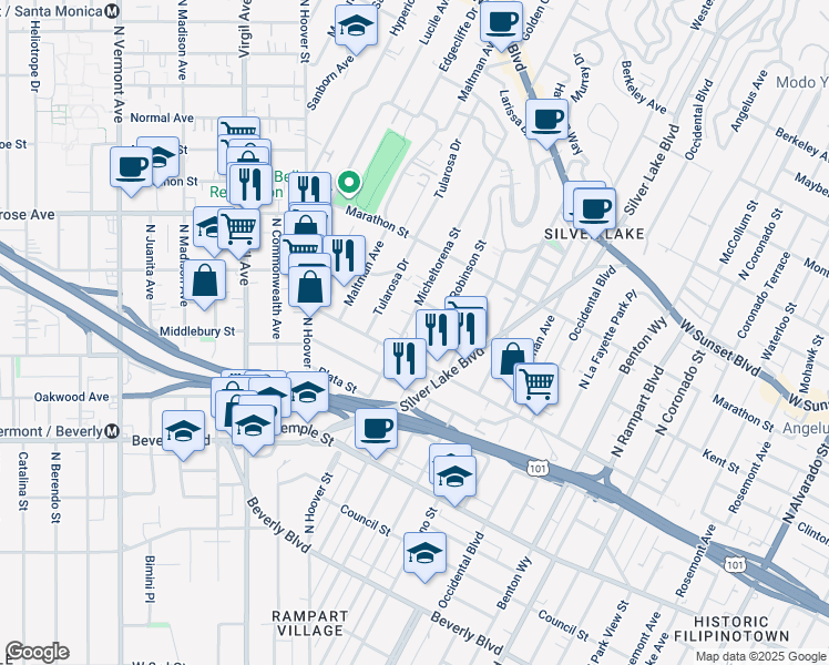 map of restaurants, bars, coffee shops, grocery stores, and more near 623 Micheltorena Street in Los Angeles