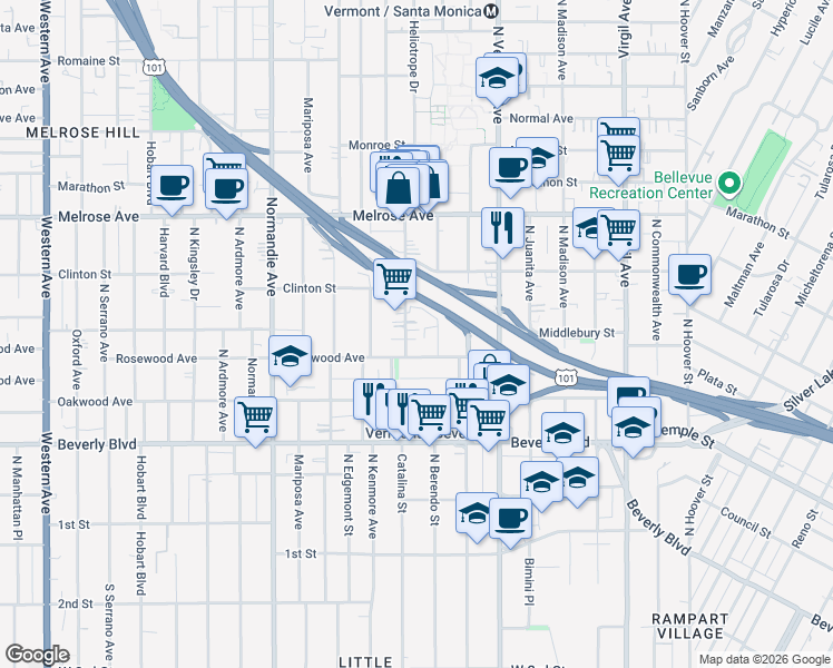 map of restaurants, bars, coffee shops, grocery stores, and more near 533 North Berendo Street in Los Angeles