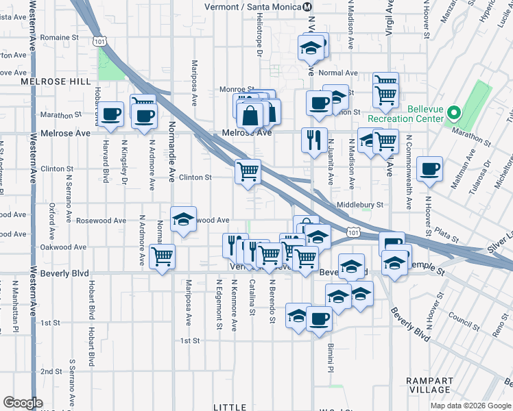 map of restaurants, bars, coffee shops, grocery stores, and more near 533 North Berendo Street in Los Angeles
