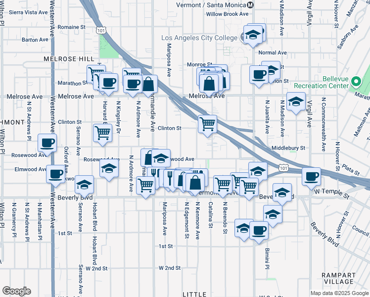 map of restaurants, bars, coffee shops, grocery stores, and more near 528 North Alexandria Avenue in Los Angeles