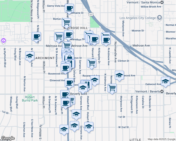 map of restaurants, bars, coffee shops, grocery stores, and more near 4607 West Maplewood Avenue in Los Angeles