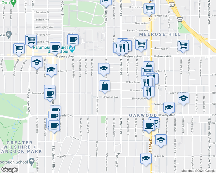 map of restaurants, bars, coffee shops, grocery stores, and more near in Los Angeles