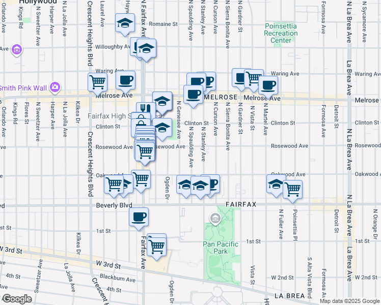 map of restaurants, bars, coffee shops, grocery stores, and more near 461 North Spaulding Avenue in Los Angeles