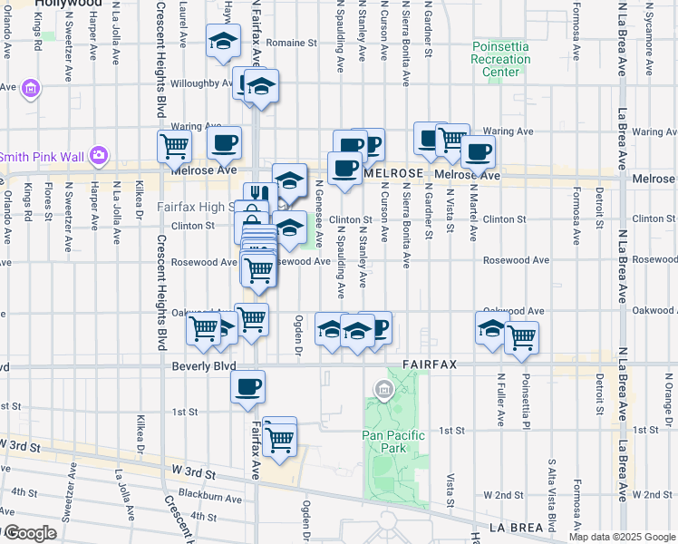map of restaurants, bars, coffee shops, grocery stores, and more near 461 North Spaulding Avenue in Los Angeles
