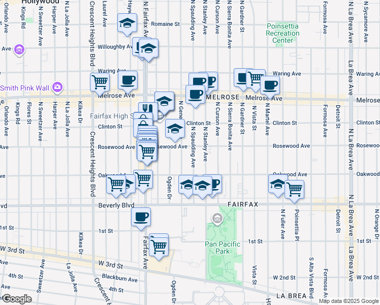 map of restaurants, bars, coffee shops, grocery stores, and more near 461 North Spaulding Avenue in Los Angeles