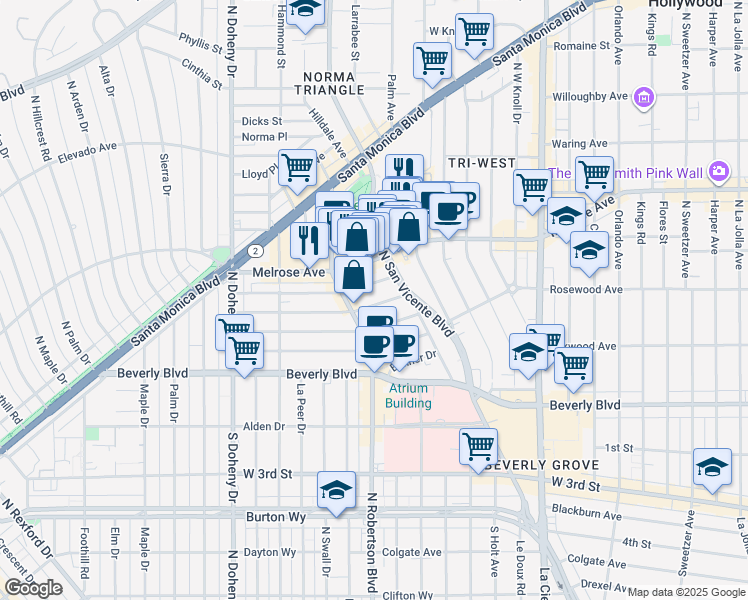 map of restaurants, bars, coffee shops, grocery stores, and more near 8717 Dorrington Avenue in West Hollywood