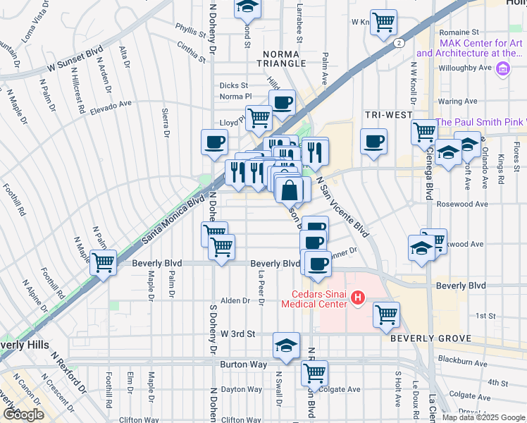 map of restaurants, bars, coffee shops, grocery stores, and more near 8824 Rangely Avenue in Los Angeles