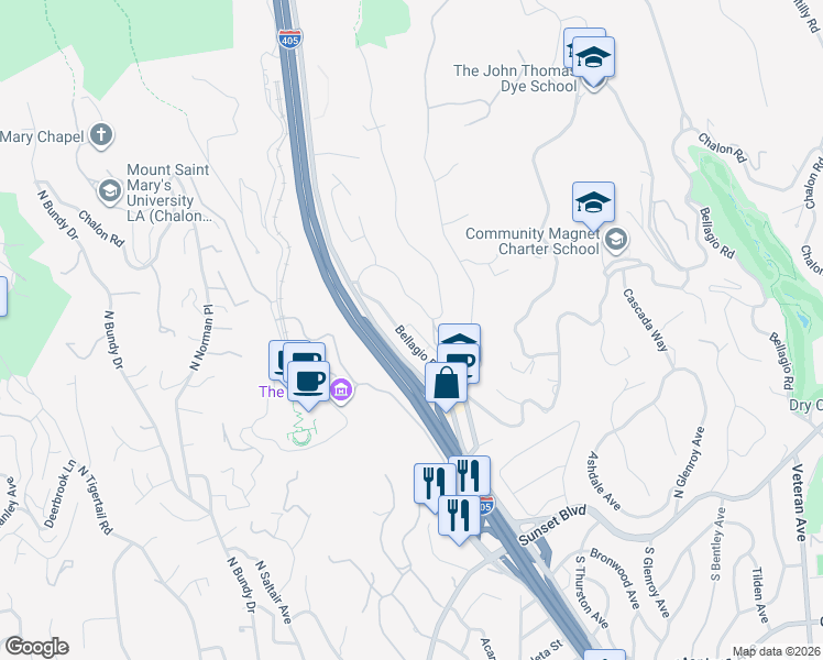 map of restaurants, bars, coffee shops, grocery stores, and more near 1060 Casiano Road in Los Angeles