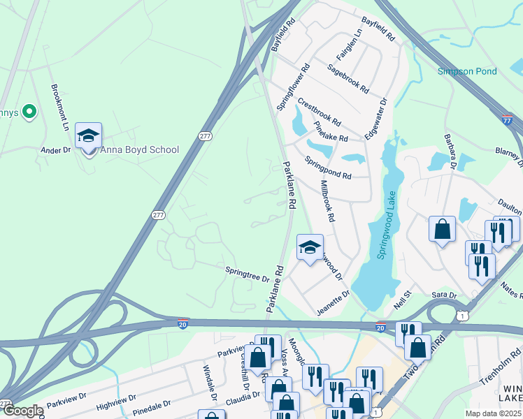 map of restaurants, bars, coffee shops, grocery stores, and more near 7501 Parklane Road in Columbia