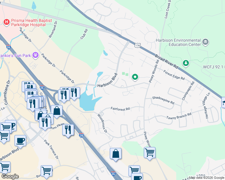 map of restaurants, bars, coffee shops, grocery stores, and more near 117 Windstone Drive in Columbia
