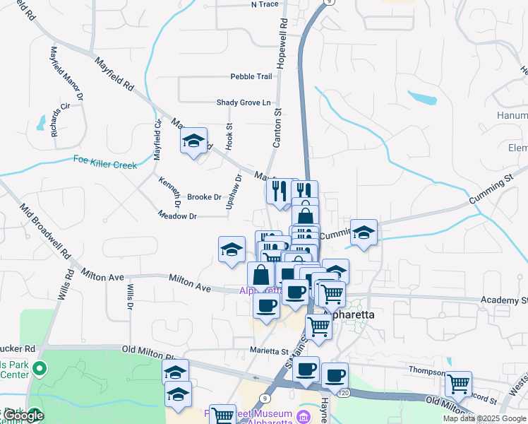 map of restaurants, bars, coffee shops, grocery stores, and more near 148 Canton Street in Alpharetta