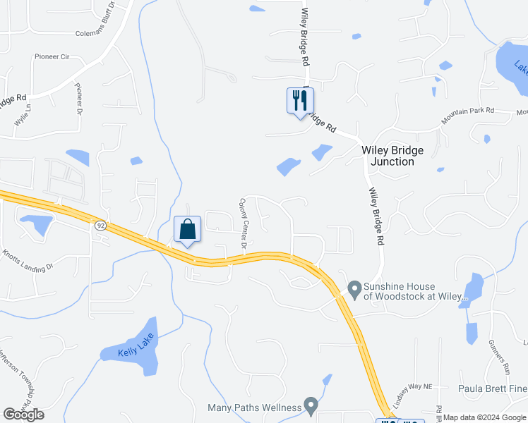 map of restaurants, bars, coffee shops, grocery stores, and more near 3009 Ridgepoint Lane in Woodstock