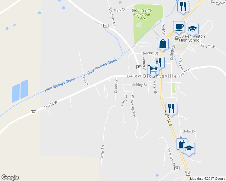 map of restaurants, bars, coffee shops, grocery stores, and more near 1175 Cedar Lane in Blountsville