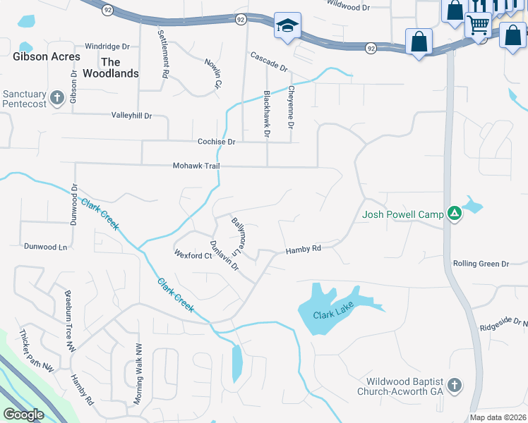 map of restaurants, bars, coffee shops, grocery stores, and more near 826 Tramore Road in Acworth