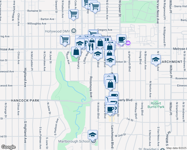map of restaurants, bars, coffee shops, grocery stores, and more near 532 North Rossmore Avenue in Los Angeles
