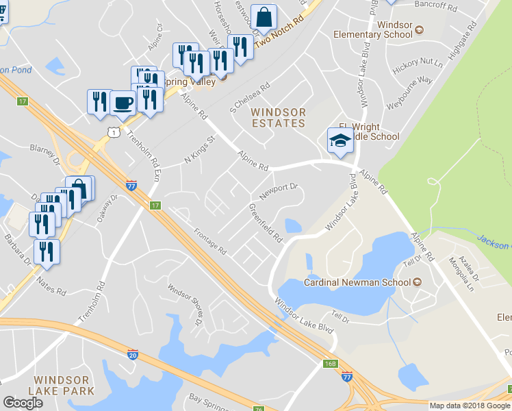 map of restaurants, bars, coffee shops, grocery stores, and more near 156 Greenfield Road in Columbia