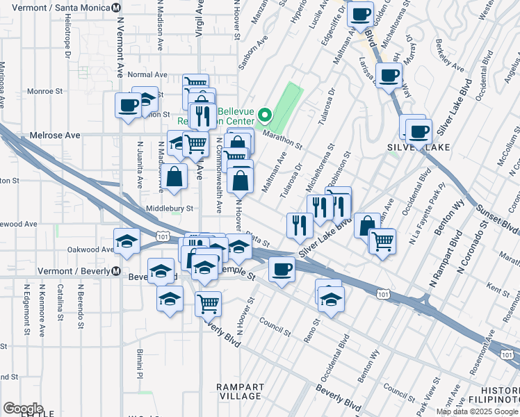 map of restaurants, bars, coffee shops, grocery stores, and more near 3522 Bellevue Avenue in Los Angeles