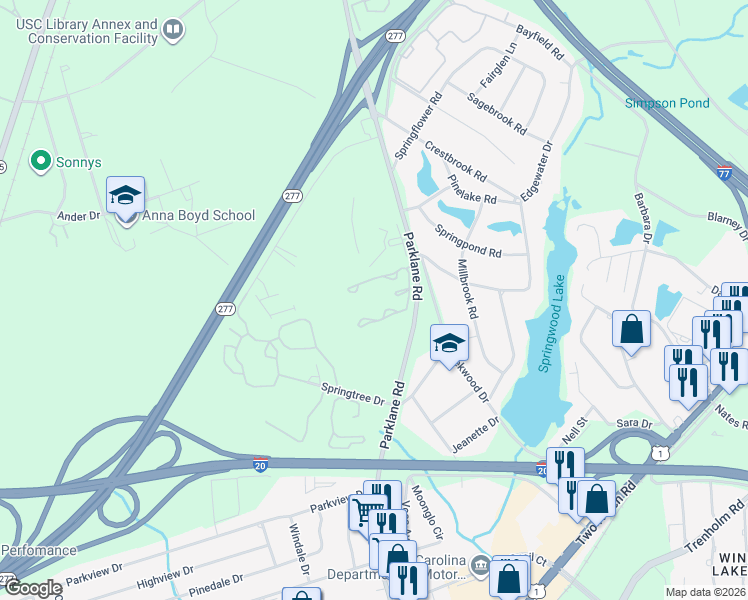 map of restaurants, bars, coffee shops, grocery stores, and more near 7501 Parklane Road in Columbia