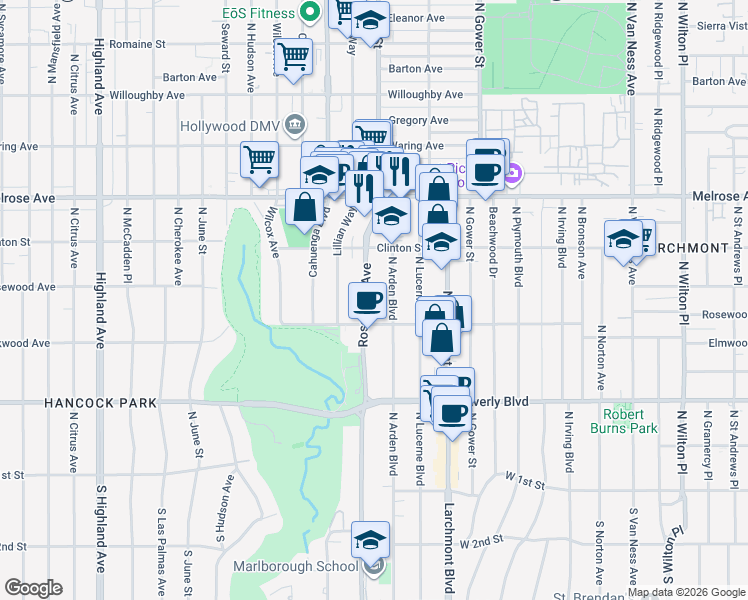map of restaurants, bars, coffee shops, grocery stores, and more near 535 North Rossmore Avenue in Los Angeles